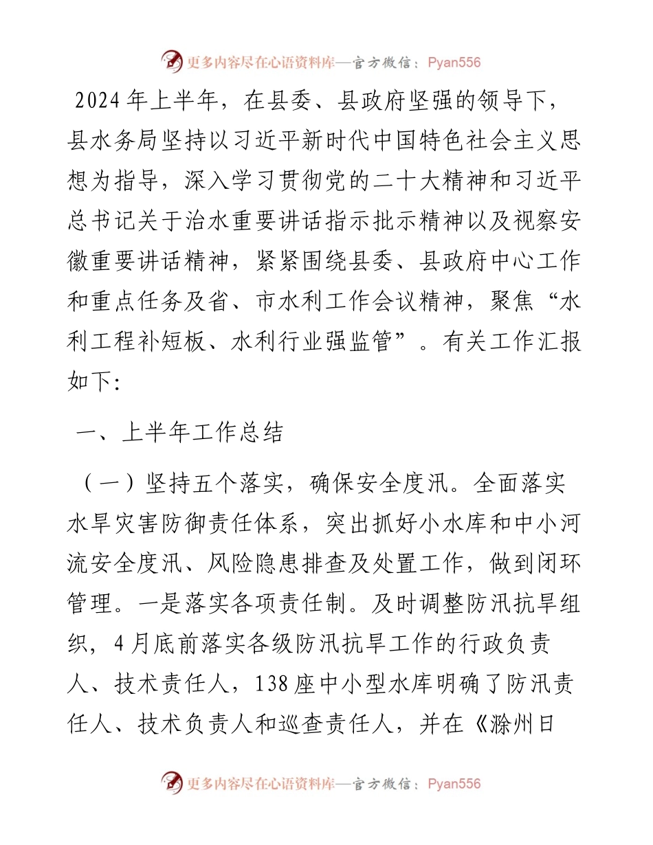 水务局2024年上半年工作总结和下半年工作安排.docx_第1页