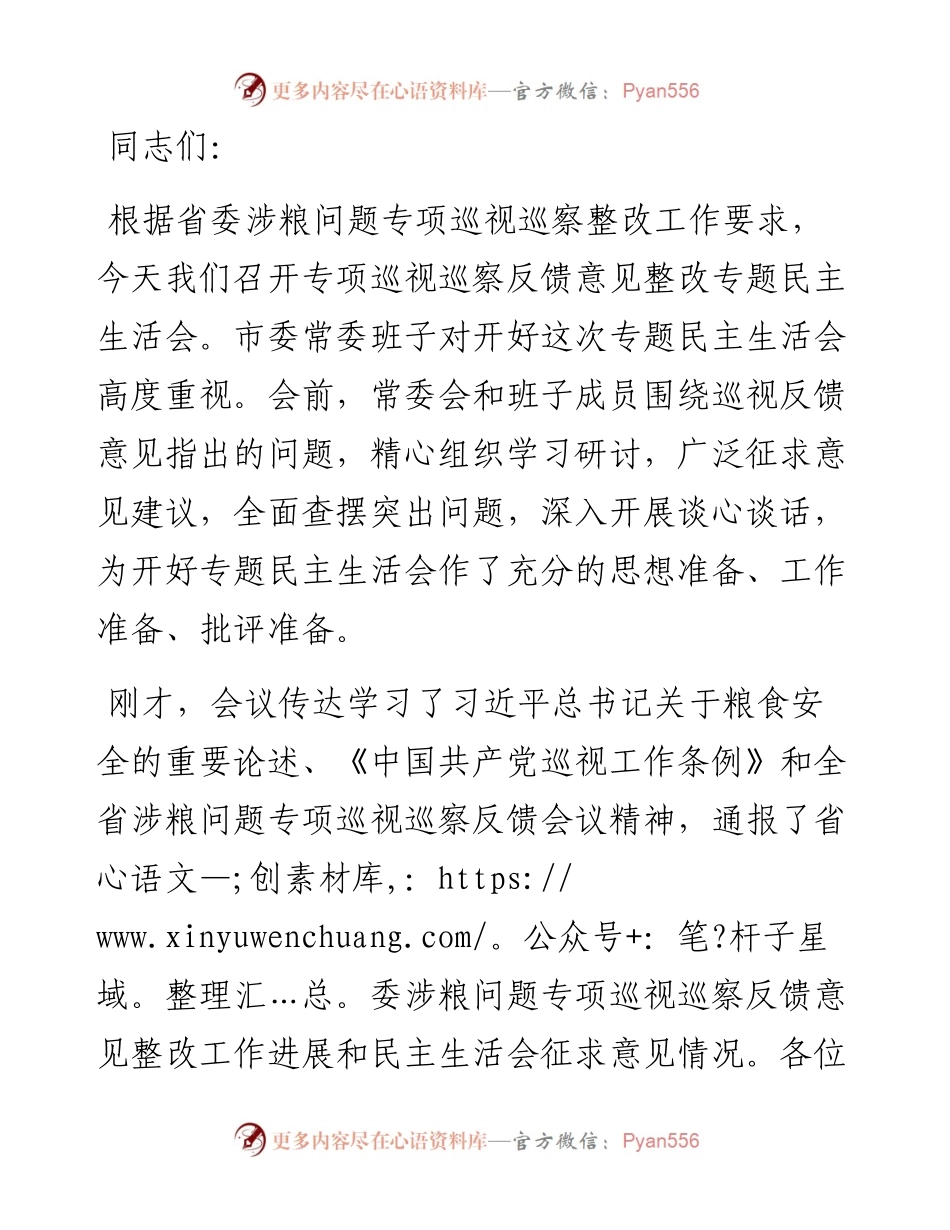 涉粮问题专项巡视巡察反馈意见整改专题民主生活会总结讲话提纲.docx_第1页