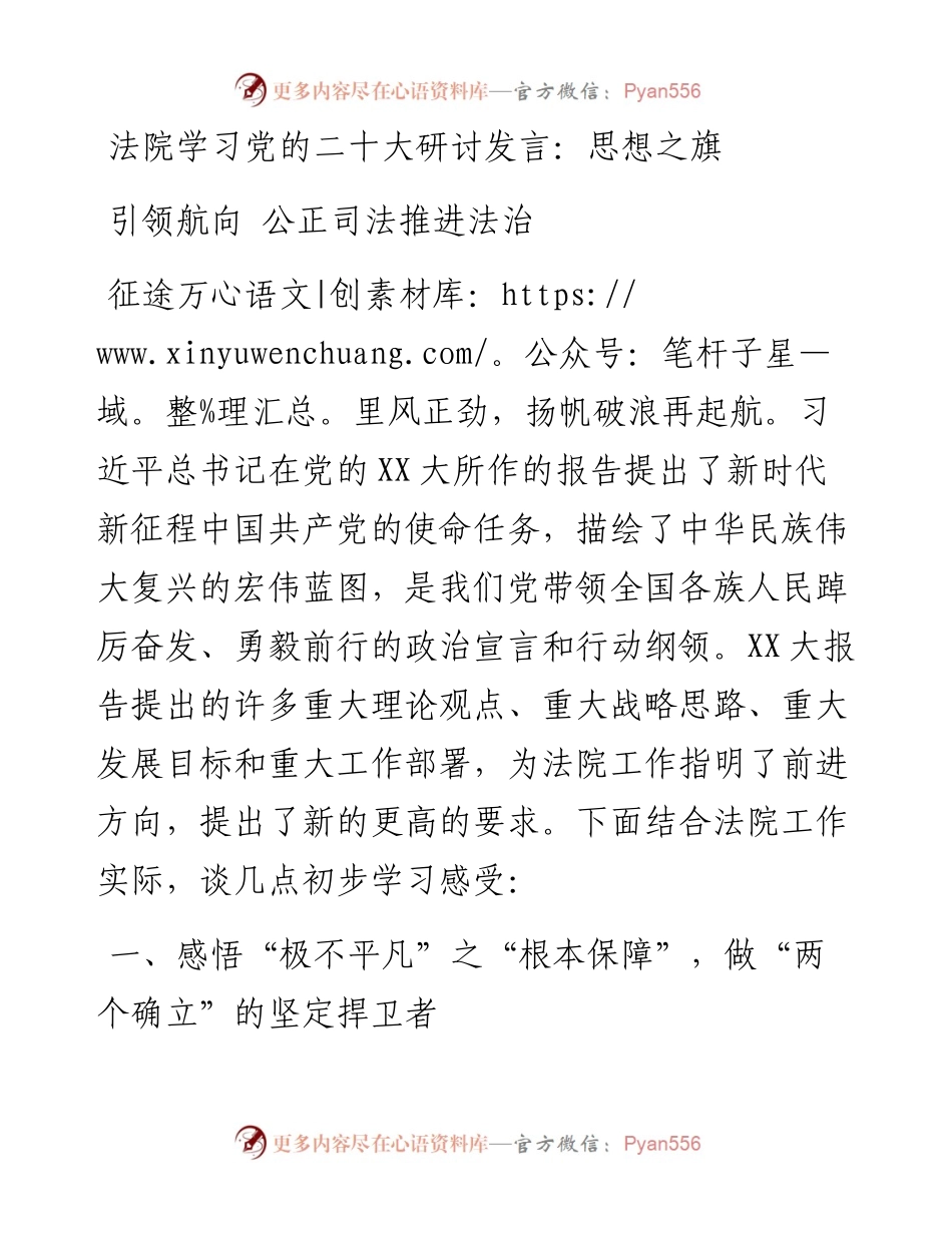 法院学习党的二十大研讨发言：思想之旗引领航向 公正司法推进法治.docx_第1页
