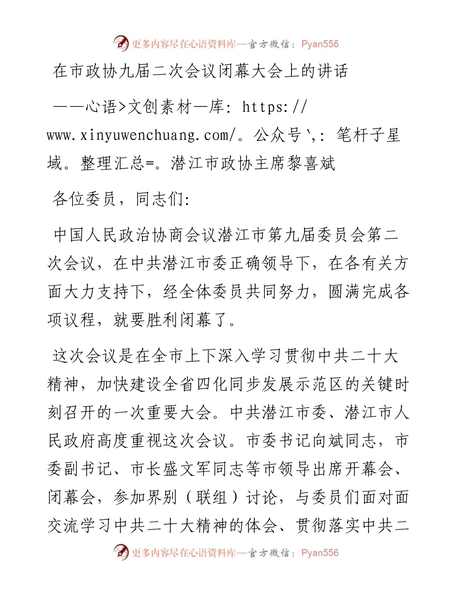 潜江市政协主席黎喜斌在市政协九届二次会议闭幕大会上的讲话（1228）.docx_第1页