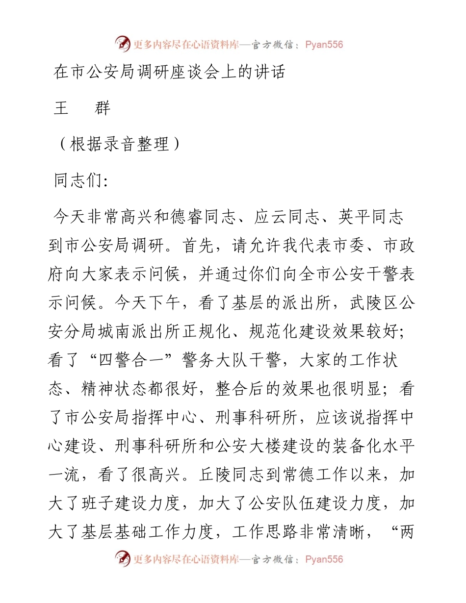 王群：在市公安局调研座谈会上的讲话.docx_第1页