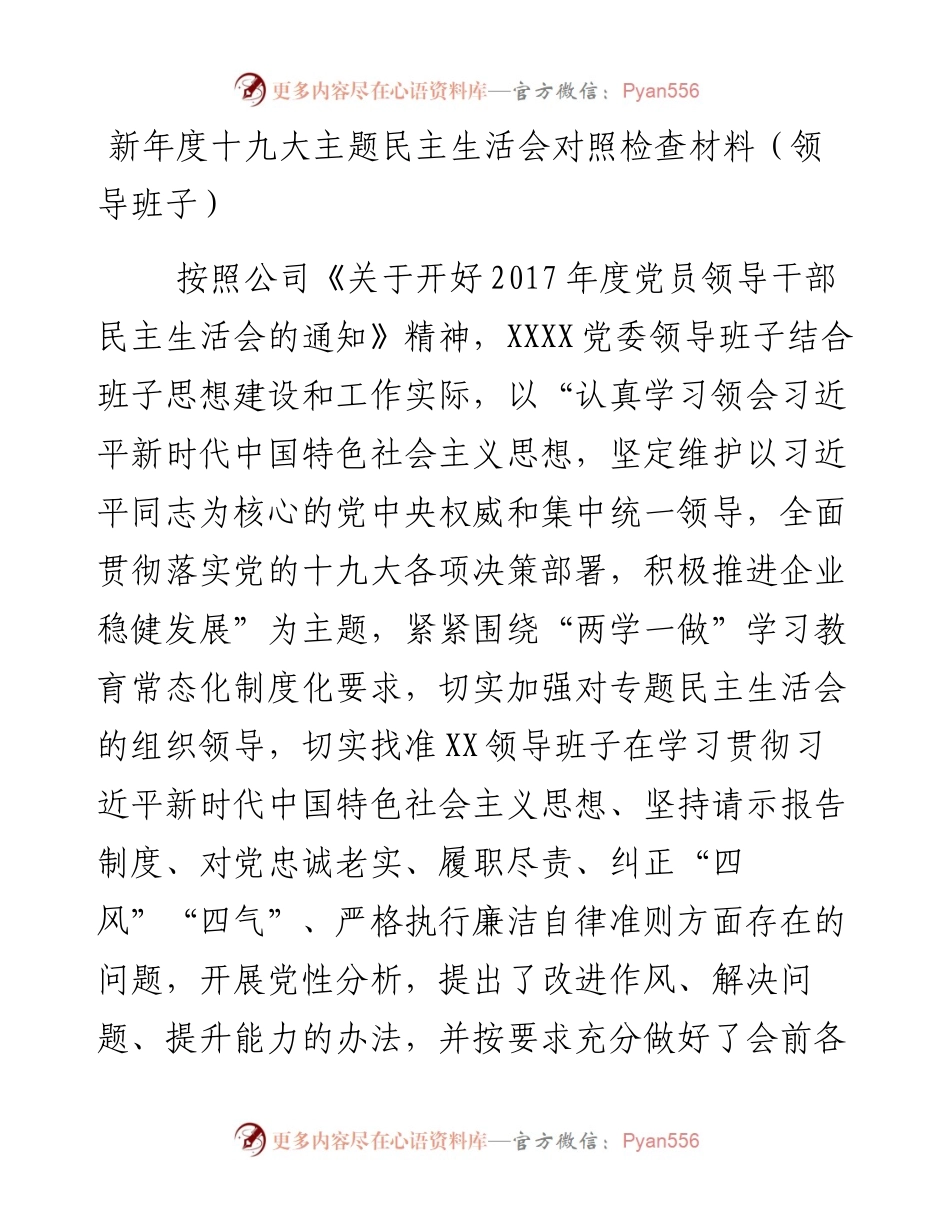 新年度十九大主题民主生活会对照检查材料（领导班子）.docx_第1页