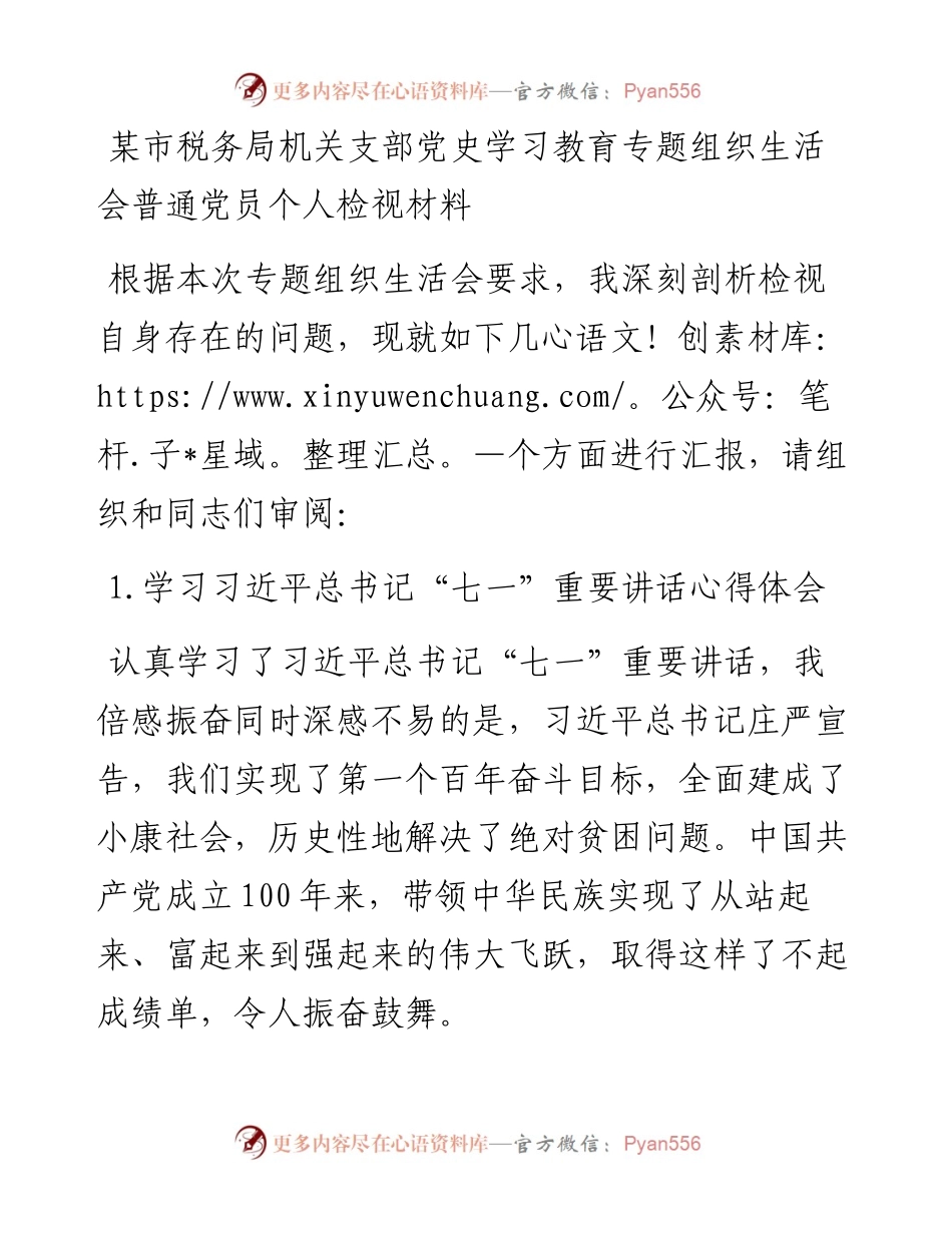 某市税务局机关支部党史学习教育专题组织生活会普通党员个人检视材料.docx_第1页