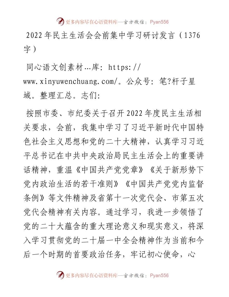 民主生活会会前集中学习研讨发言.docx_第1页