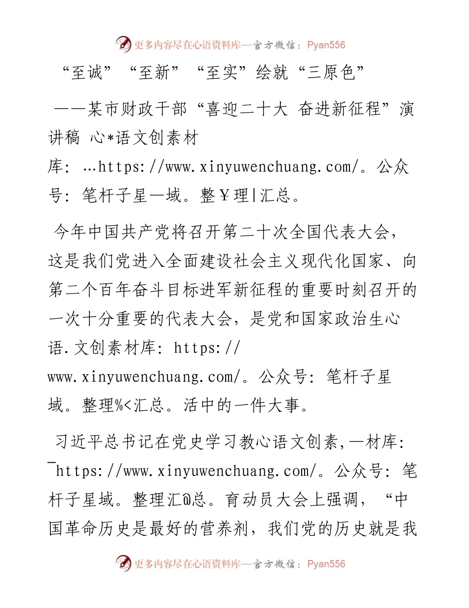 某市财政干部“喜迎二十大 奋进新征程”演讲稿：“至诚”“至新”“至实”绘就“三原色”.docx_第1页