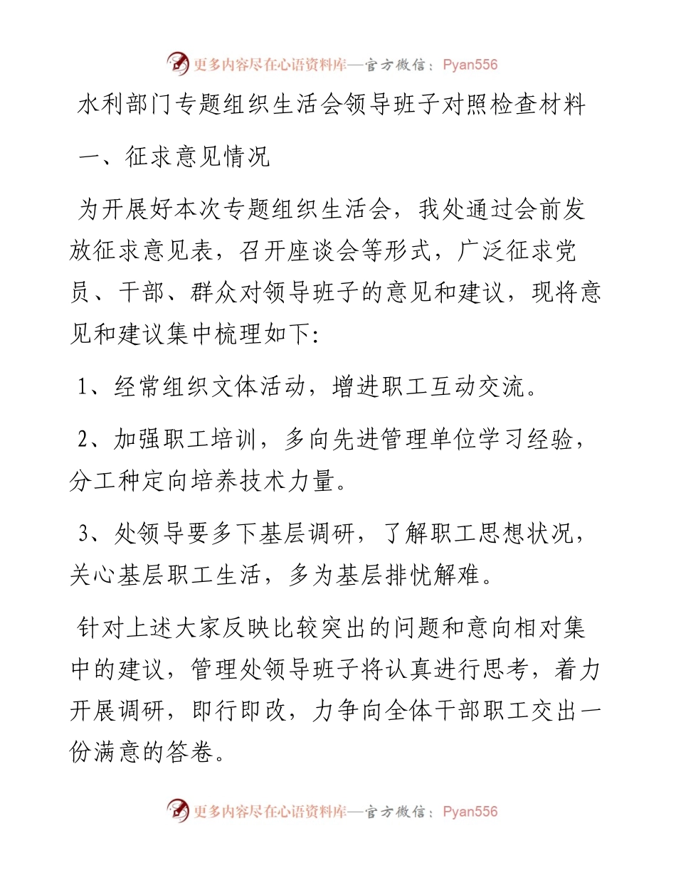水利部门专题组织生活会领导班子对照检查材料.docx_第1页