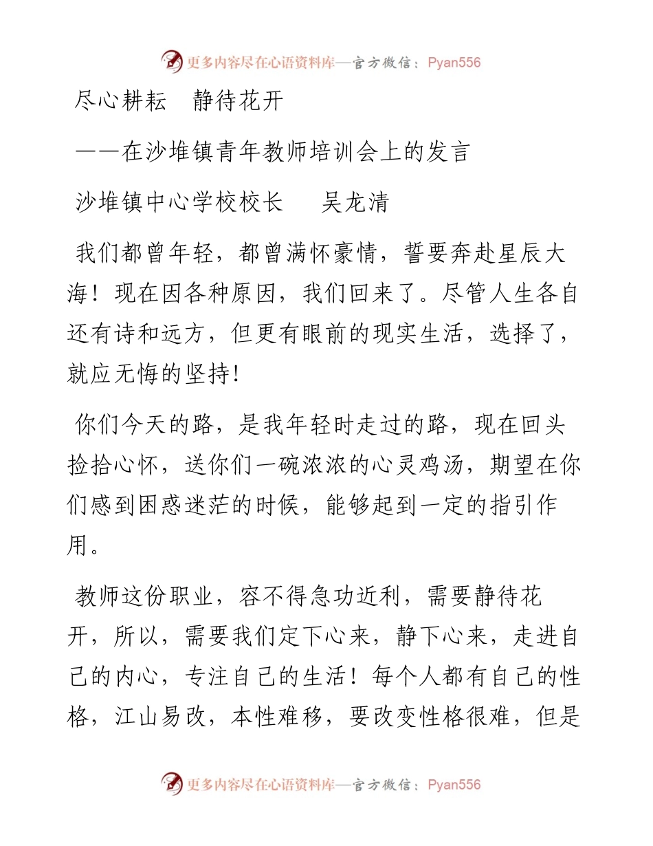 沙堆镇中心学校校长吴龙清：在沙堆镇青年教师培训会上的发言.docx_第1页