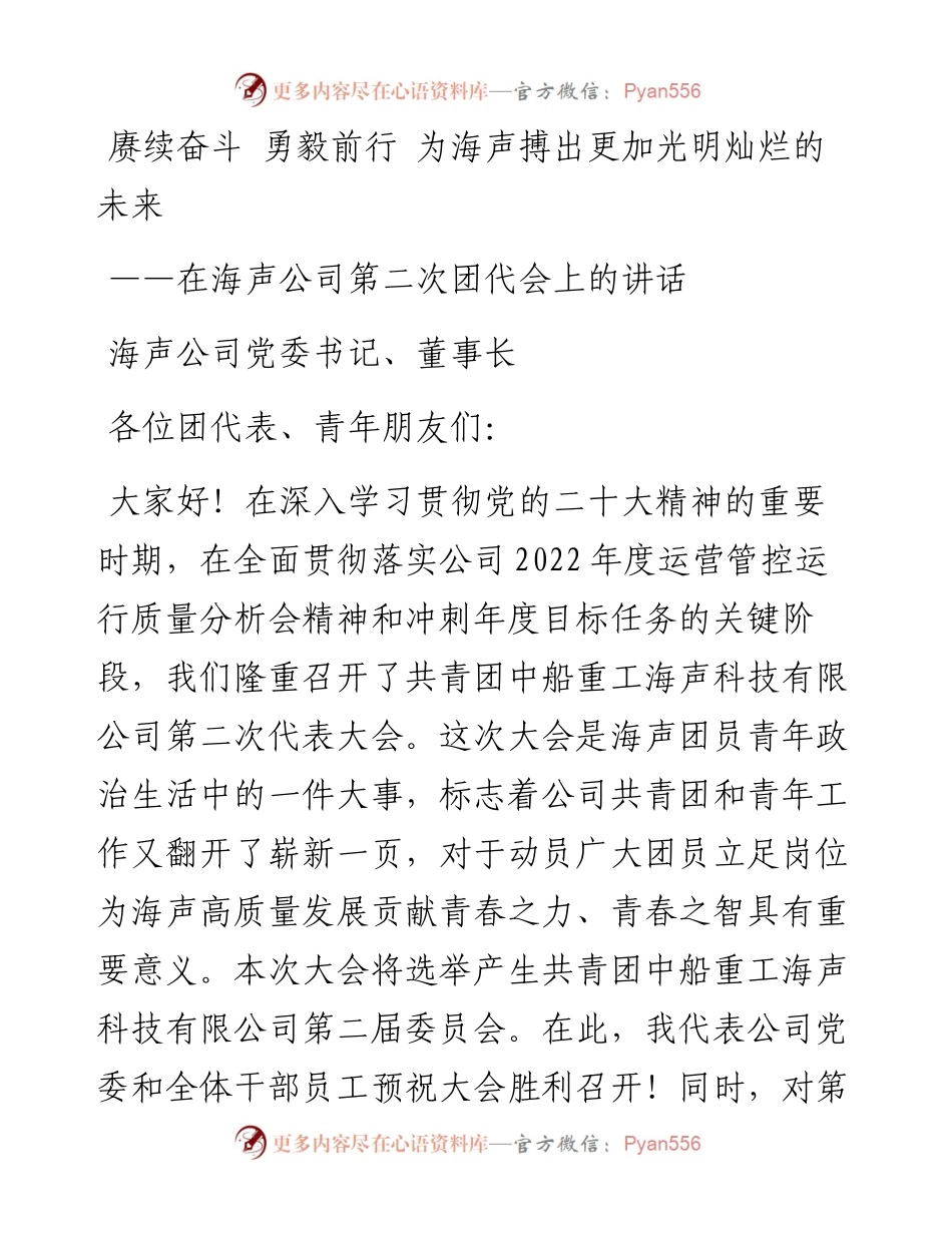 海声公司党委书记、董事长：在海声公司第二次团代会上的讲话.docx_第1页