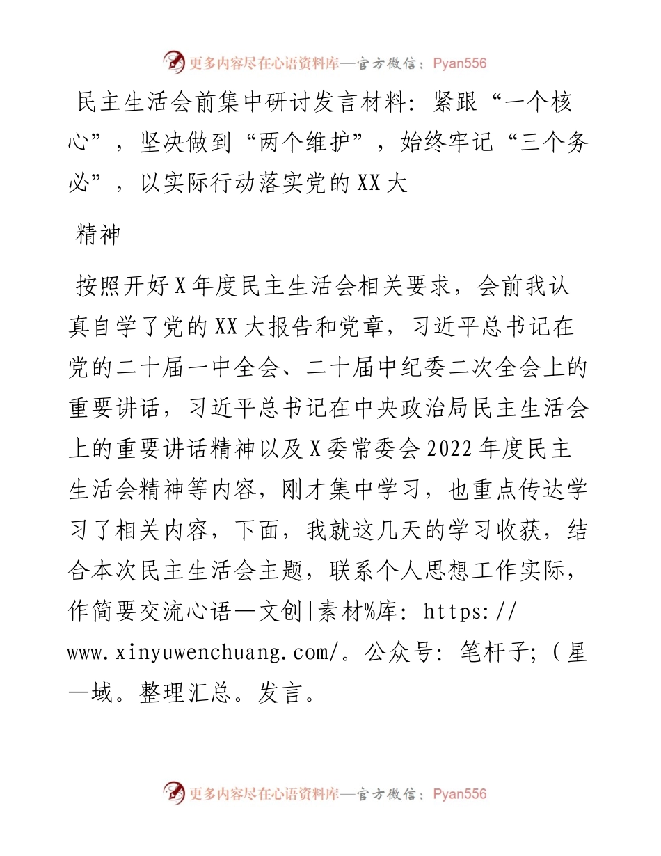民主生活会前集中研讨发言：紧跟“一个核心”，坚决做到“两个维护”，始终牢记“三个务必”，以实际行动落实党的二十大精神.docx_第1页