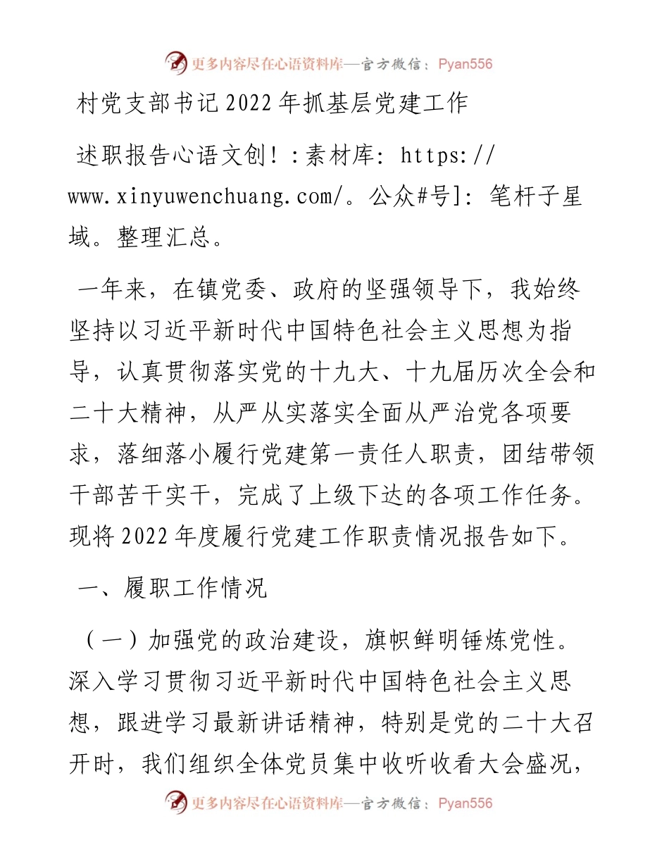 村党支部书记抓基层党建工作述职报告.docx_第1页