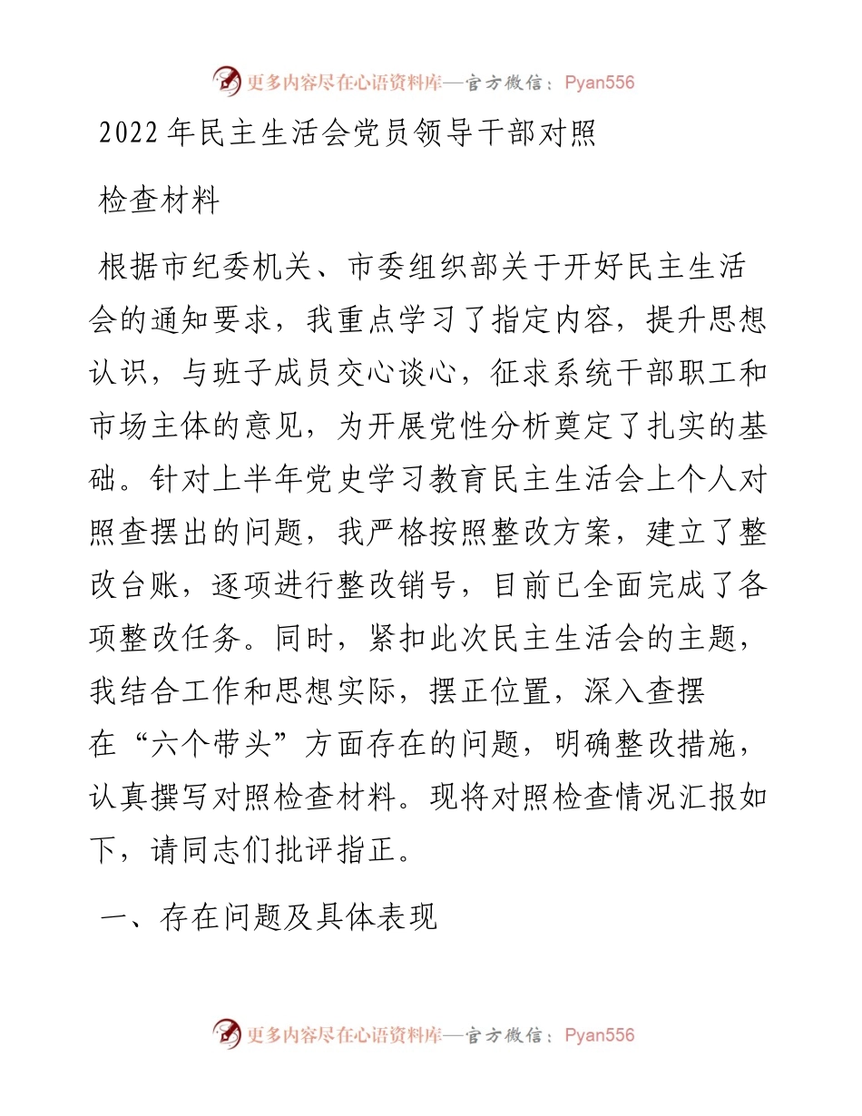 民主生活会党员领导干部对照检查材料.docx_第1页