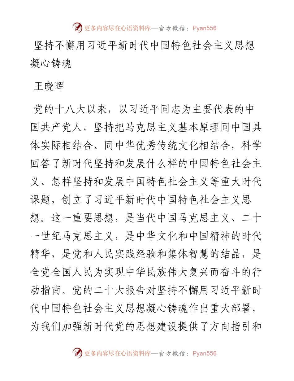 王晓晖：坚持不懈用习近平新时代中国特色社会主义思想凝心铸魂.docx_第1页