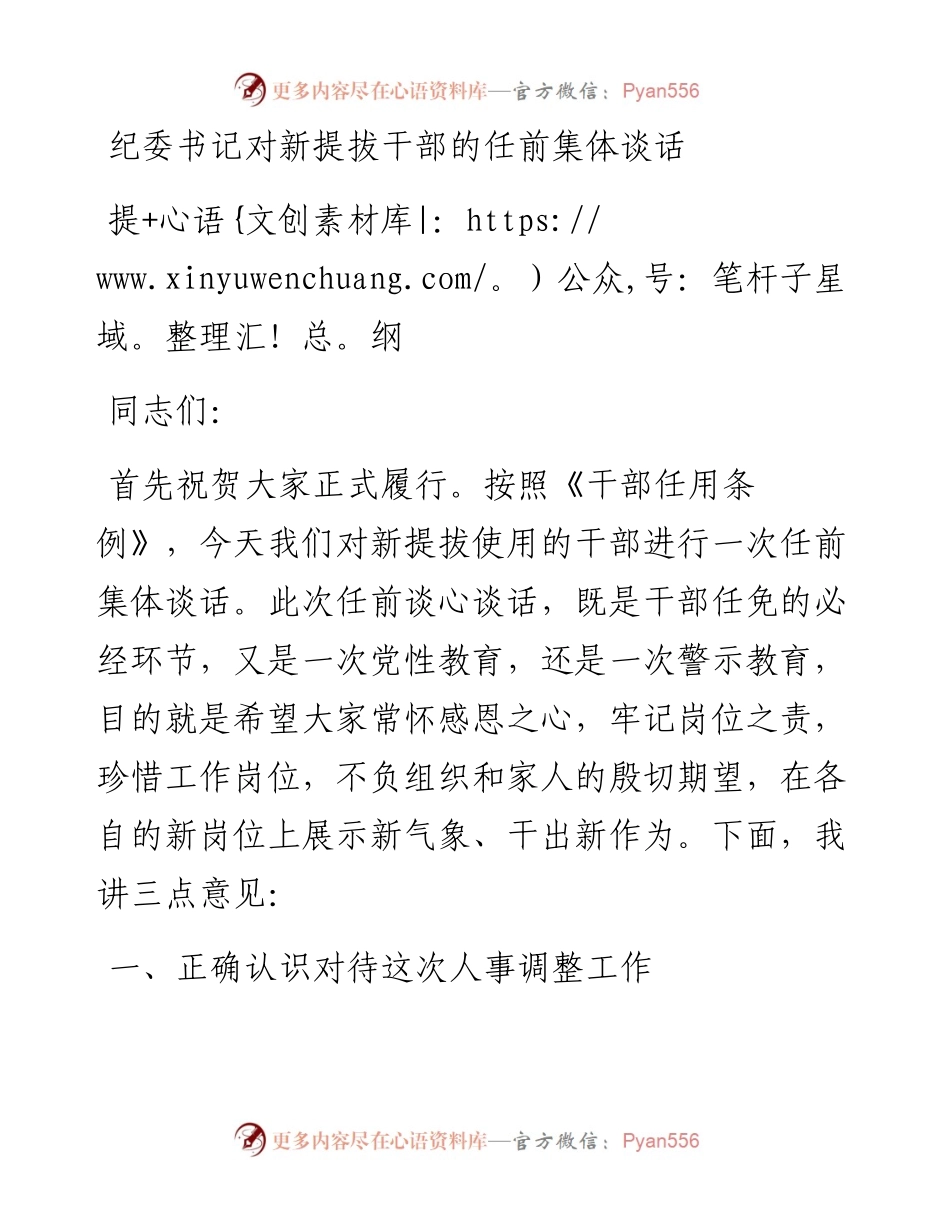 纪委书记对新提拔干部的任前集体谈话提纲.docx_第1页
