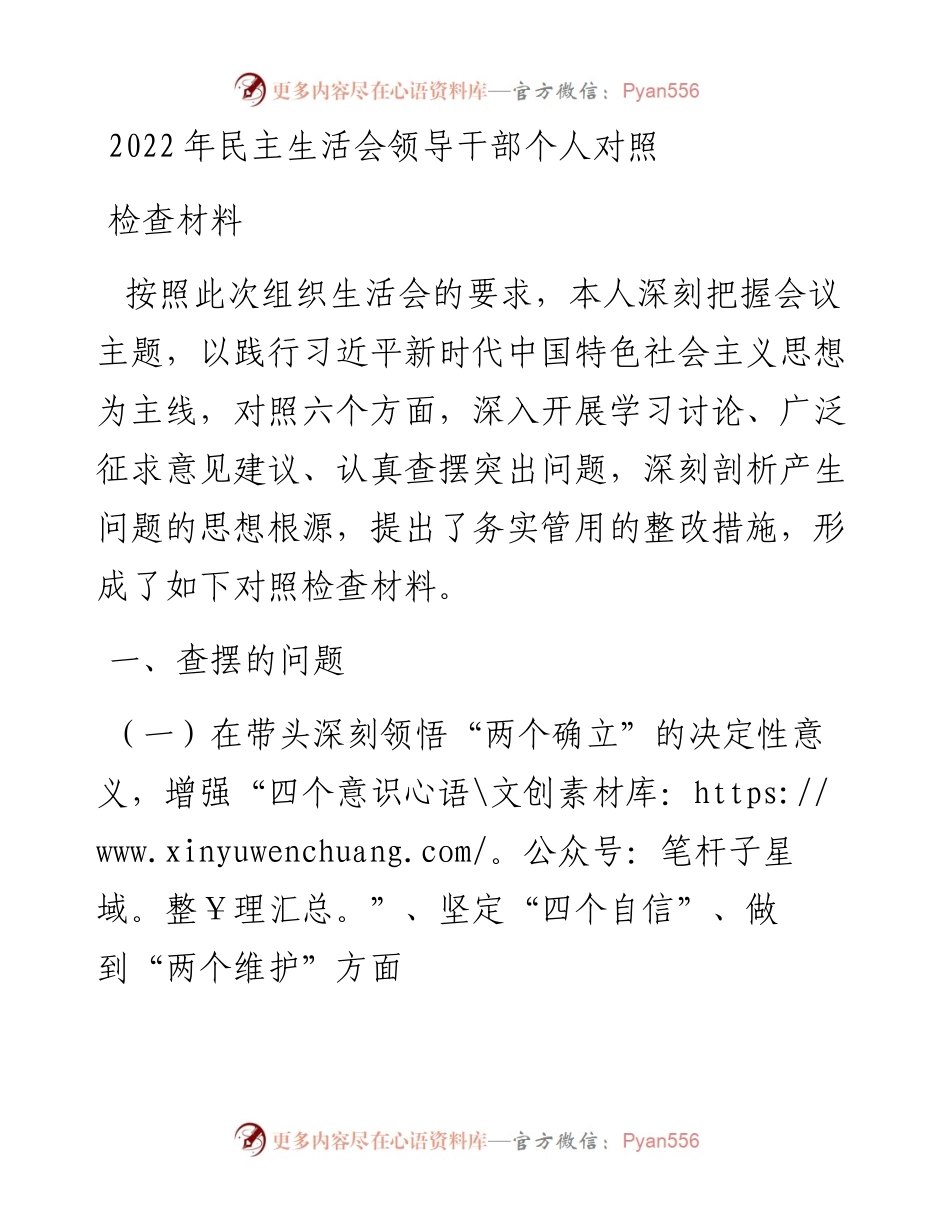 民主生活会领导干部个人对照检查材料.docx_第1页