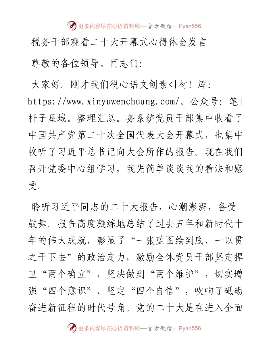 税务干部观看二十大开幕式心得体会发言.docx_第1页