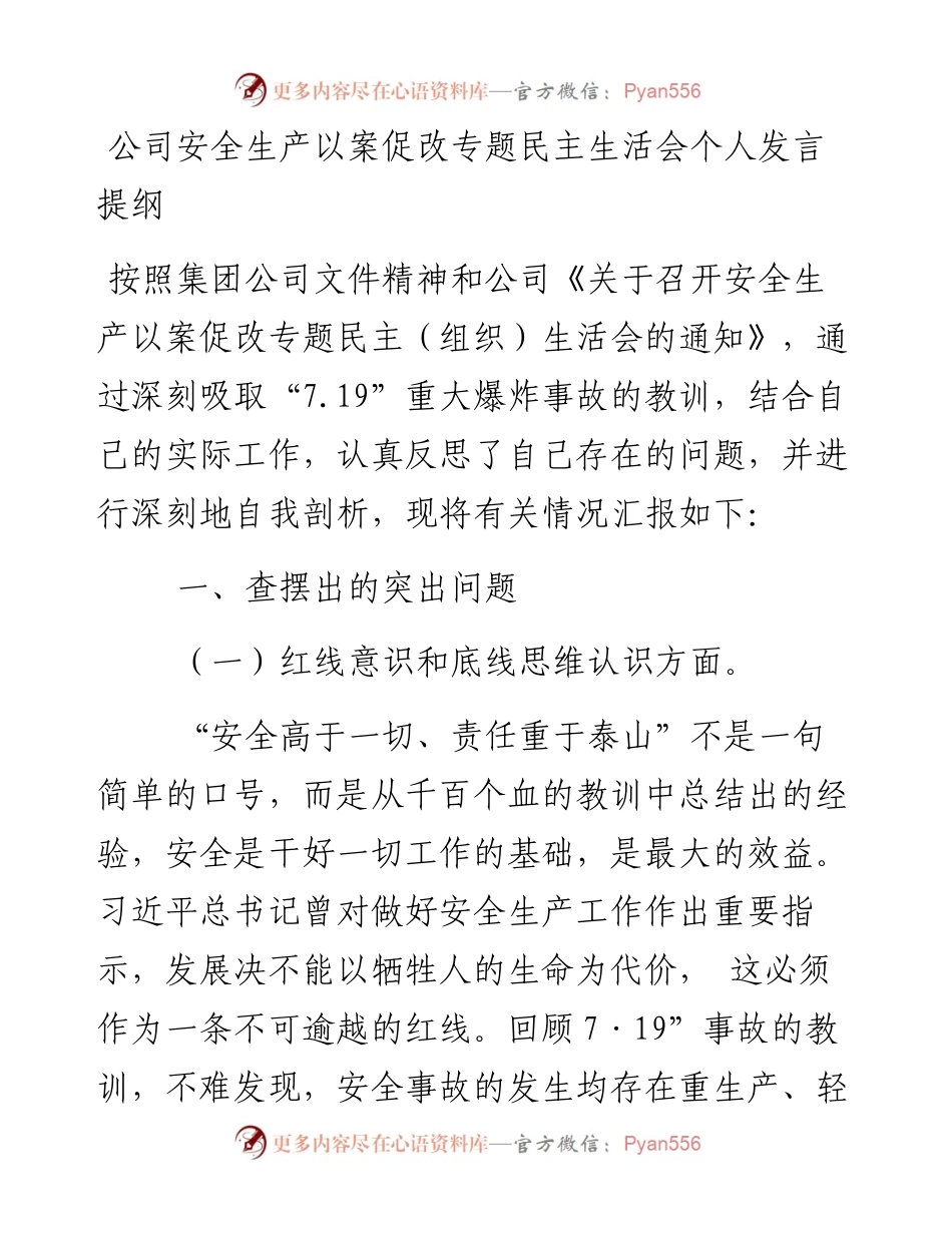 文汇系列4621--公司安全生产以案促改专题民主生活会个人发言提纲汇编.docx_第1页