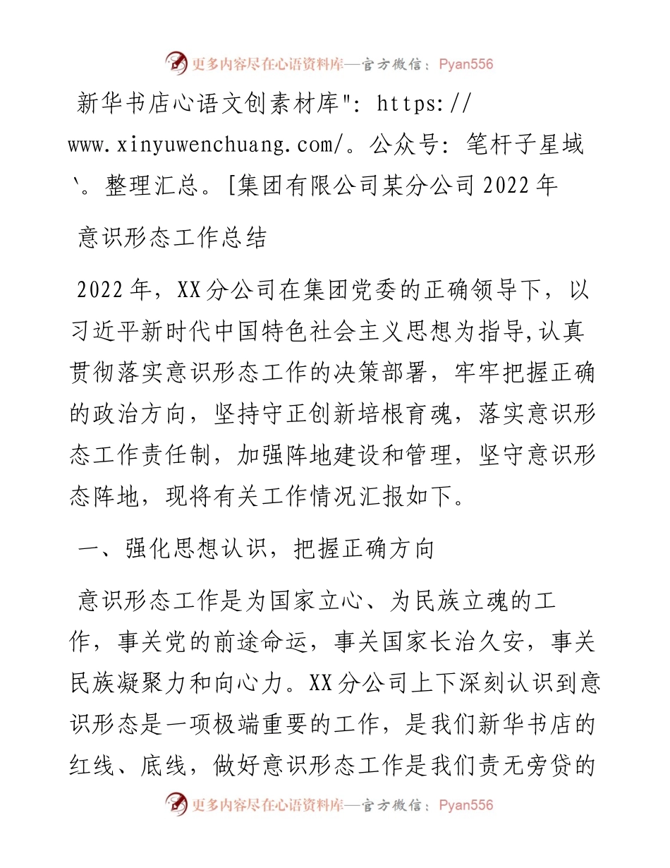 新华书店集团有限公司某分公司意识形态工作总结.docx_第1页
