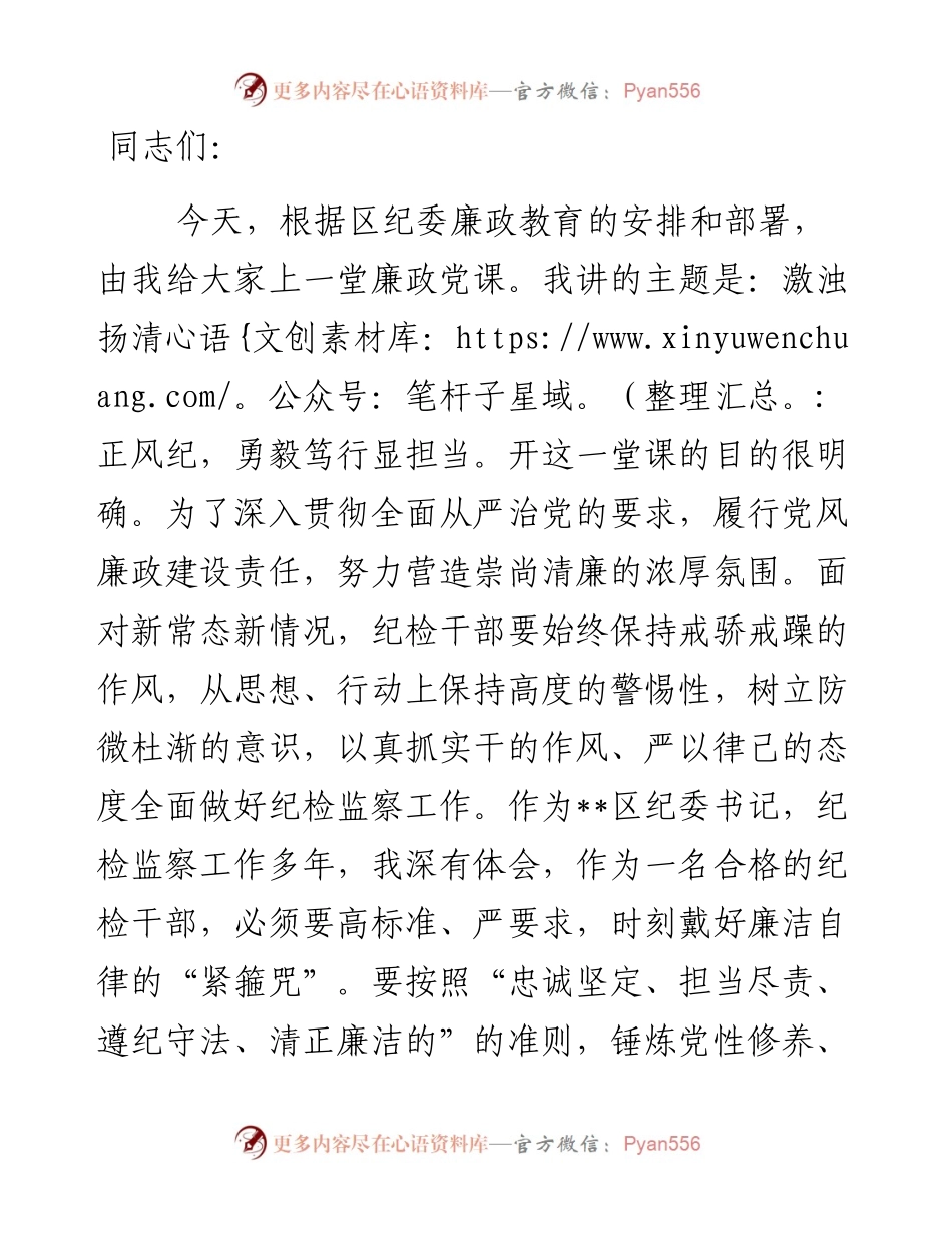 某区纪委书记廉政党课发言材料：激浊扬清正风纪　勇毅笃行显担当.docx_第1页