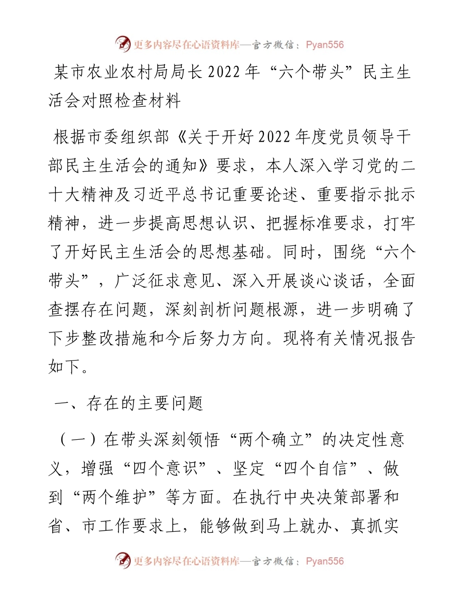 某市农业农村局局长“六个带头”民主生活会对照检查材料.docx_第1页