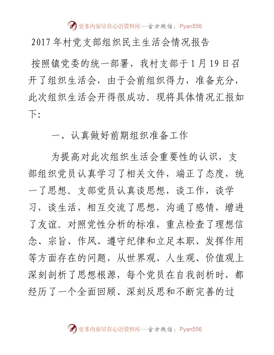村党支部组织民主生活会情况报告.docx_第1页