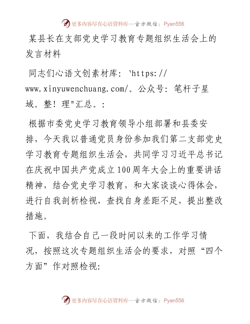 某县长在支部党史学习教育专题组织生活会上的发言材料.docx_第1页