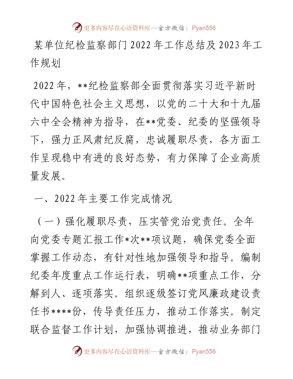 某单位纪检监察部门工作总结及2023年工作规划.docx_第1页