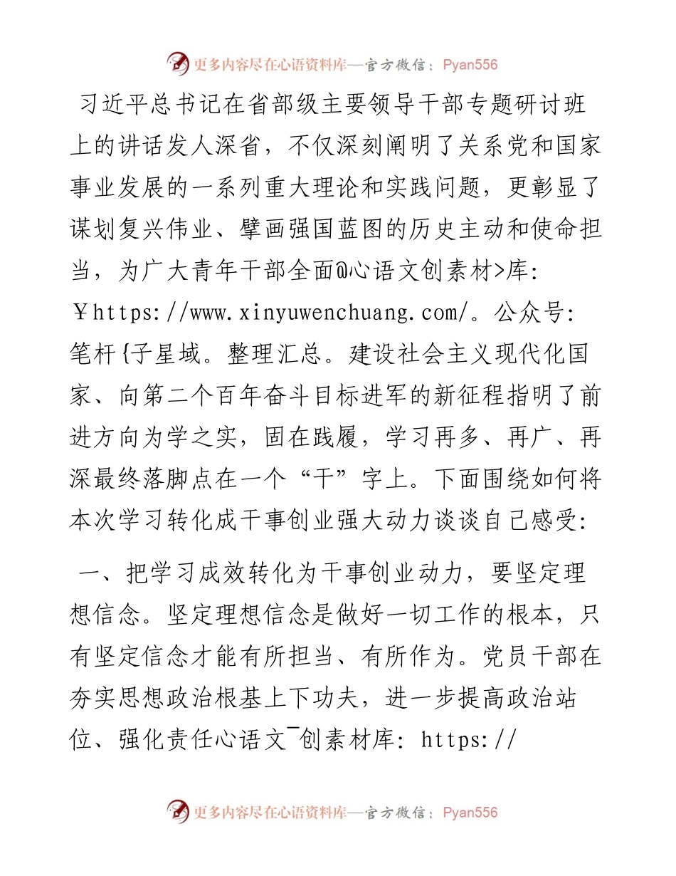 省部级主要领导干部专题研讨班讲话精神学习交流发言：切实把学习成效转化为干事创业动力.docx_第1页