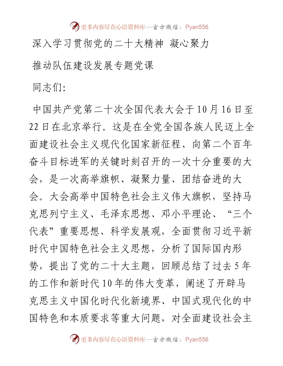 深入学习贯彻党的二十大精神 凝心聚力推动队伍建设发展专题党课.docx_第1页