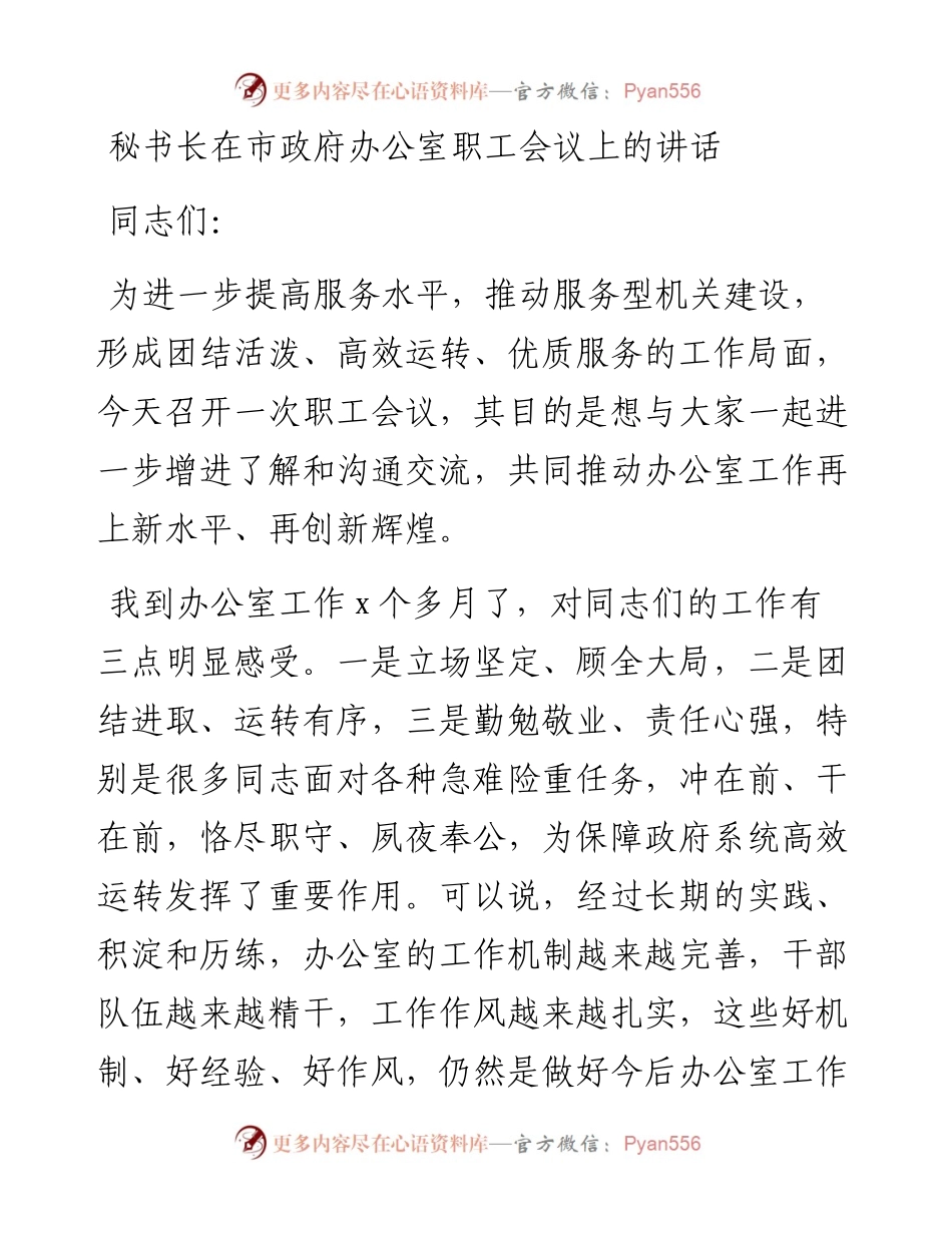秘书长在市政府办公室职工会议上的讲话(1).docx_第1页