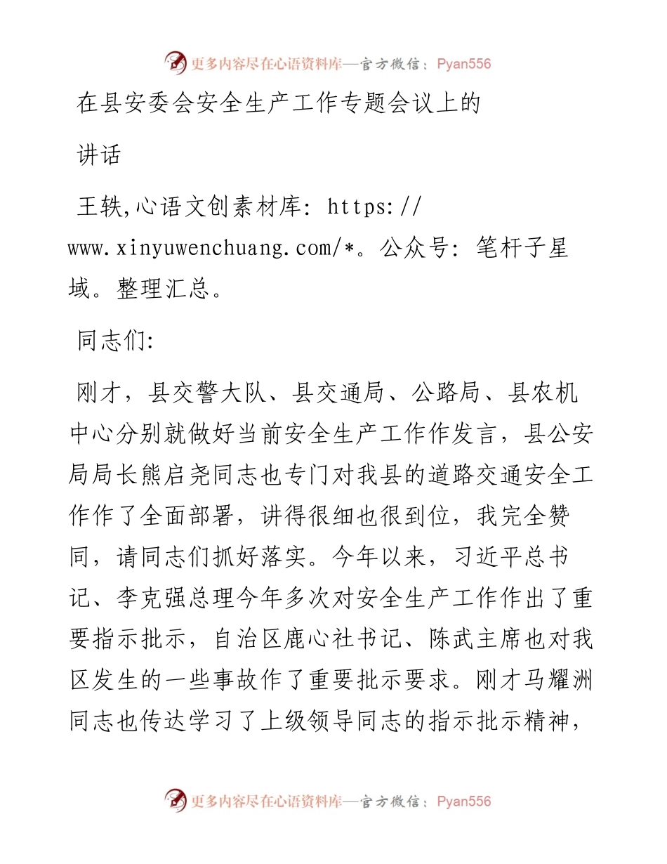 王轶：在县安委会安全生产工作专题会议上的讲话.docx_第1页