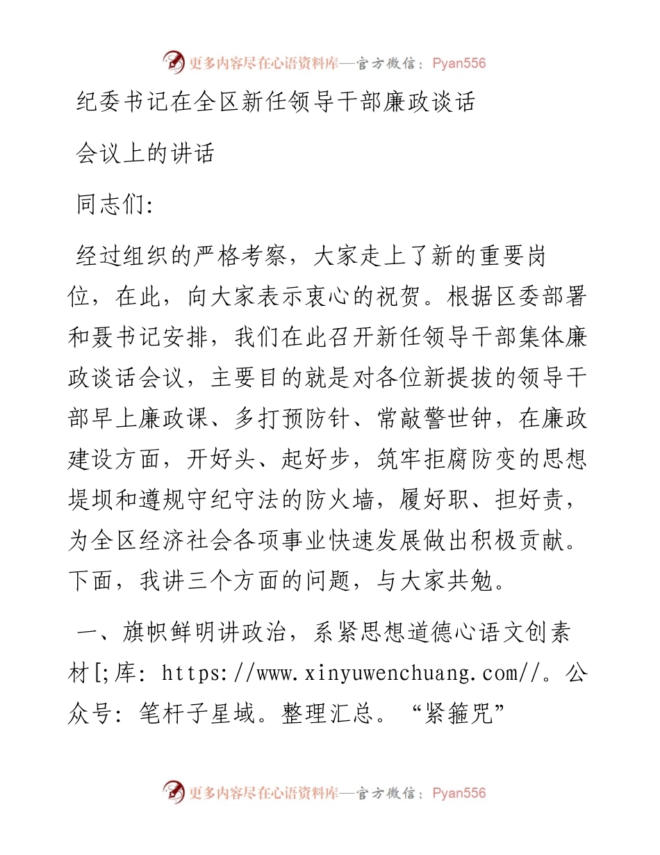 纪委书记在全区新任领导干部廉政谈话会议上的讲话.docx_第1页