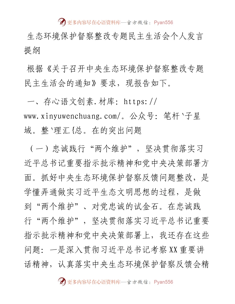 生态环境保护督察整改专题民主生活会个人发言提纲.docx_第1页