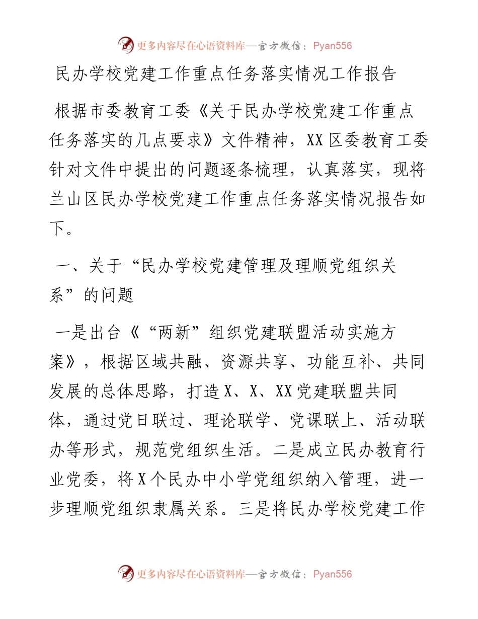 民办学校党建工作重点任务落实情况工作报告.docx_第1页