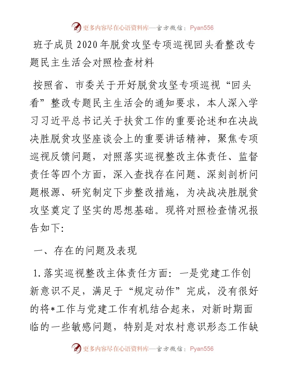 精编2篇班子成员脱贫攻坚专项巡视回头看整改专题生活会个人对照检查材料.docx_第1页