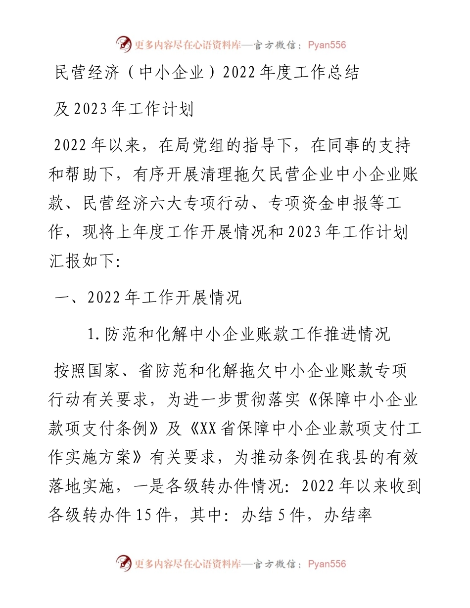 民营经济（中小企业）度工作总结及2023年工作计划.docx_第1页