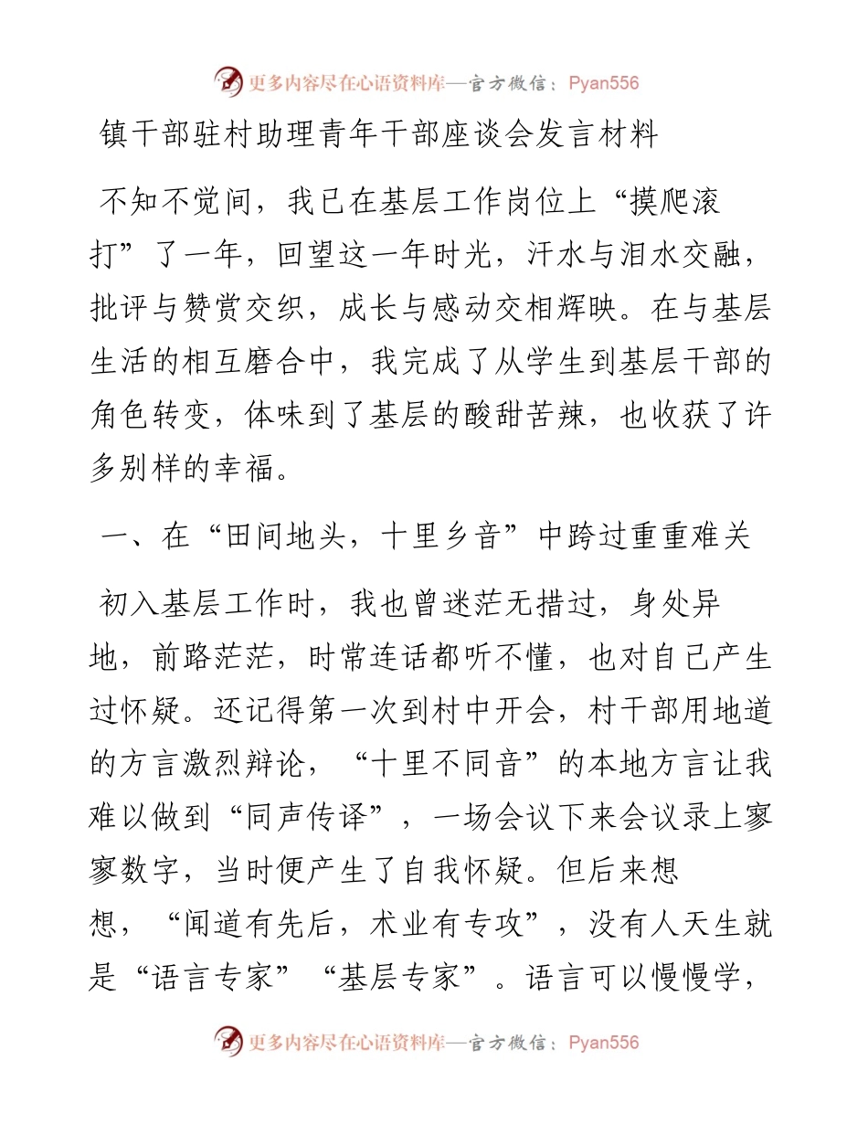 镇干部驻村助理青年干部座谈会发言材料.docx_第1页