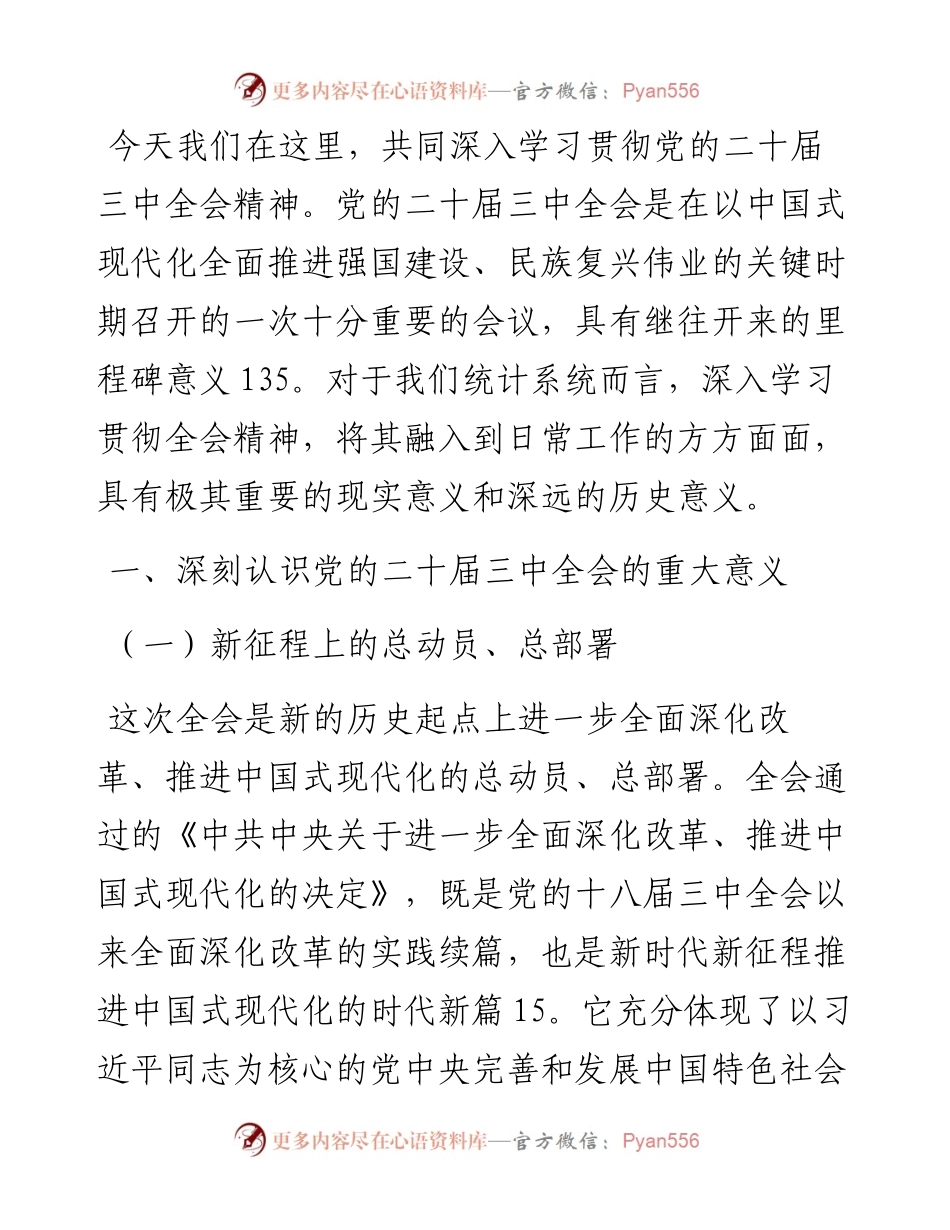 统计系统学习贯彻党的二十届三中全会精神宣讲报告会上的讲稿.docx_第1页