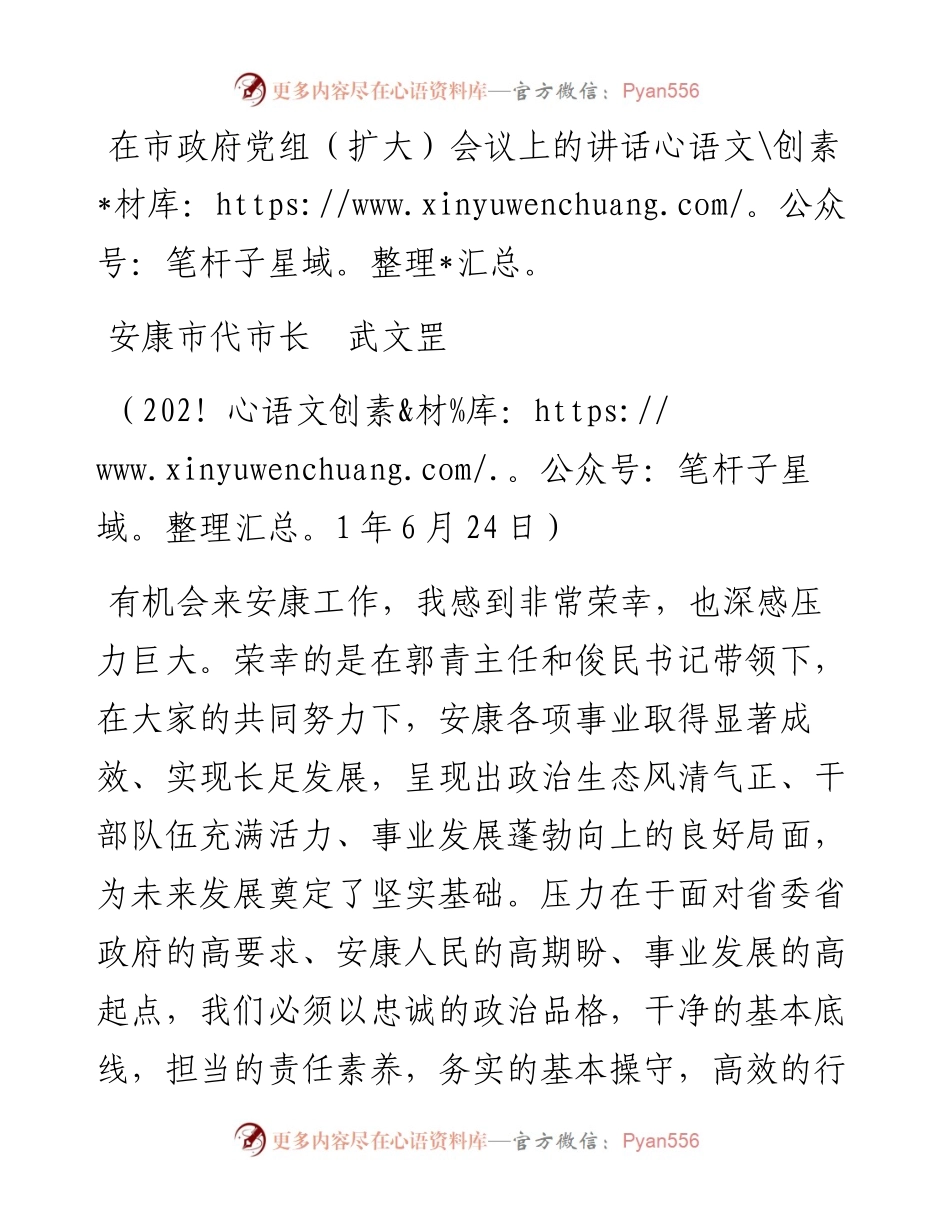 范文系列1779安康市代市长武文罡：在市政府党组（扩大）会议上的讲话.docx_第1页