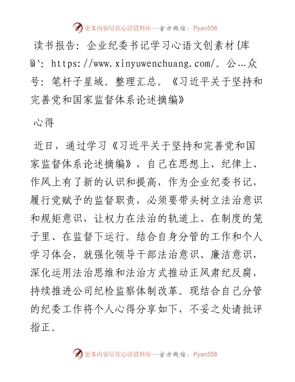 读书报告：企业纪委书记学习《习近平关于坚持和完善党和国家监督体系论述摘编》心得.docx_第1页