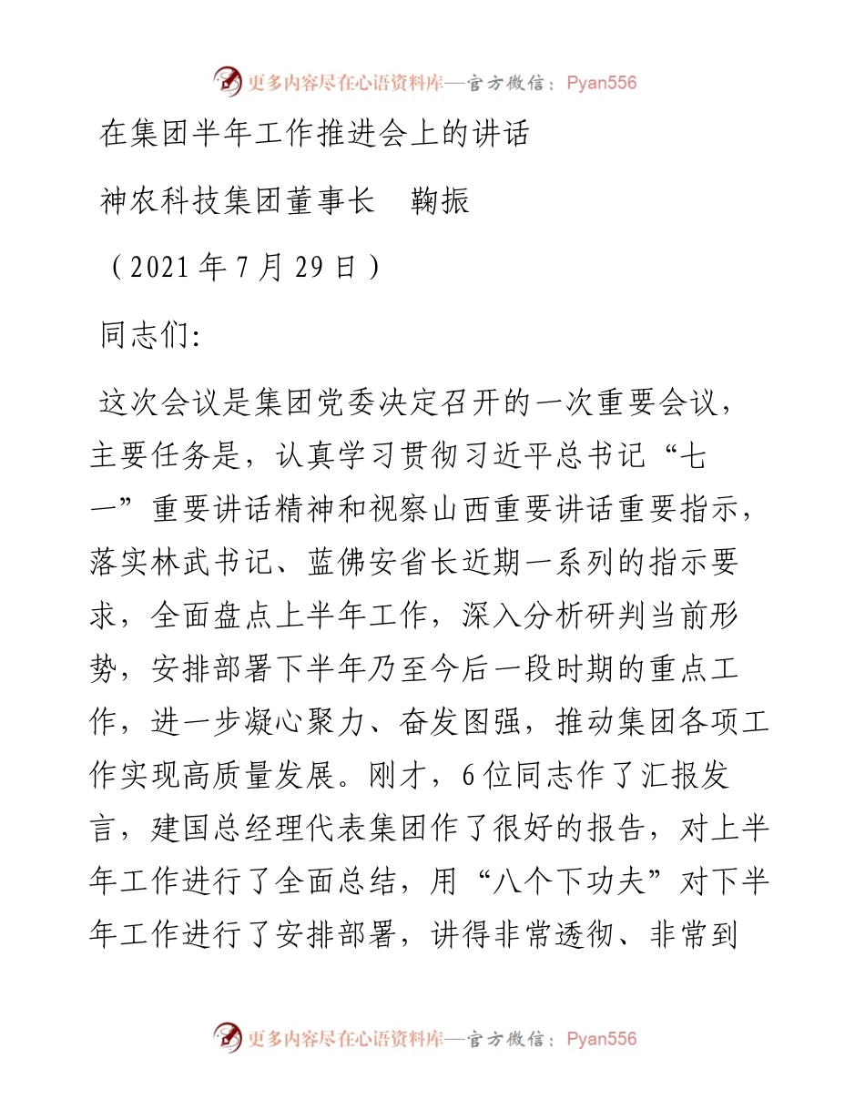 范文系列1859神农科技集团董事长鞠振：在集团半年工作推进会上的讲话.docx_第1页