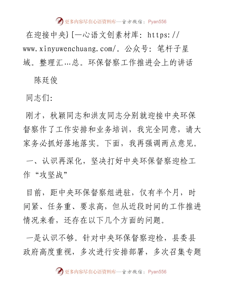 陈廷俊：在迎接中央环保督察工作推进会上的讲话(1).docx_第1页