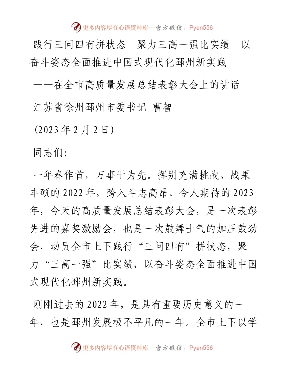 邳州市委书记曹智：在全市高质量发展总结表彰大会上的讲话（20230202）.docx_第1页