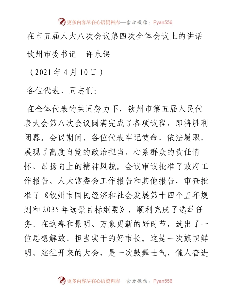范文系列1410钦州市委书记许永锞：在市五届人大八次会议第四次全体会议上的讲话.docx_第1页