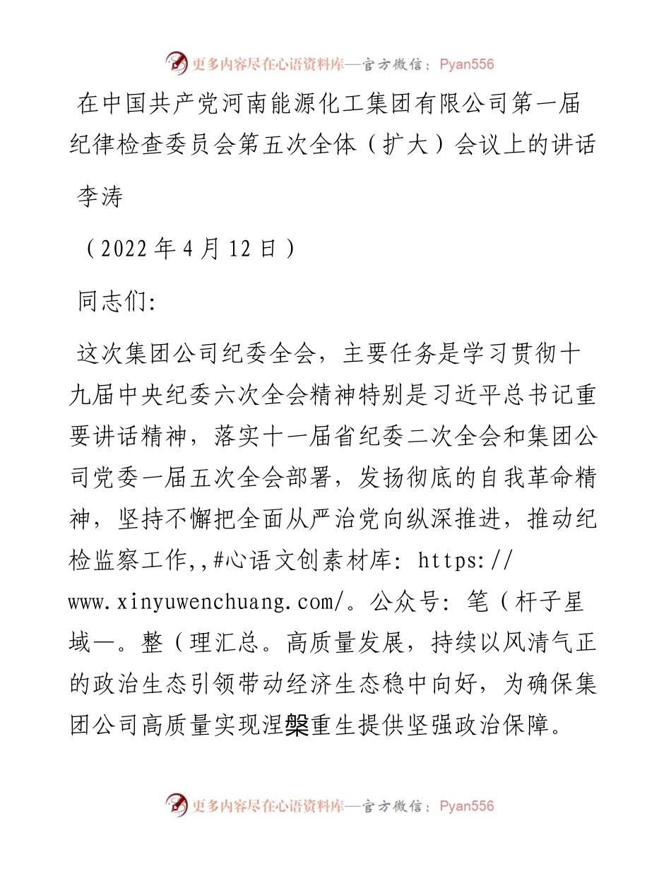 范文系列3549李涛：在中国共产党河南能源化工集团有限公司第一届纪律检查委员会第五次全体（扩大）会议上的讲话.docx_第1页