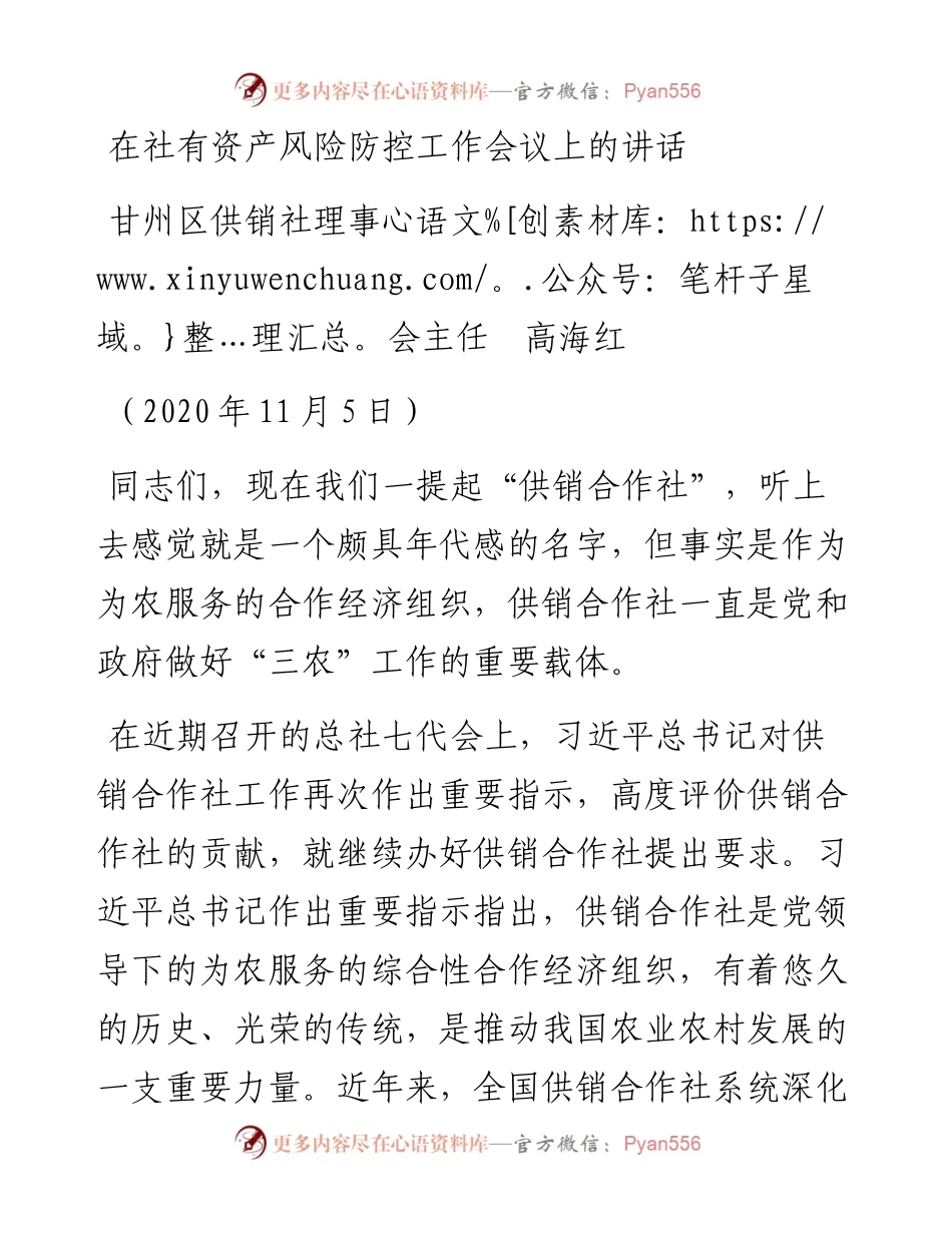 范文系列868甘州区供销社理事会主任高海红：在社有资产风险防控工作会议上的讲话.docx_第1页