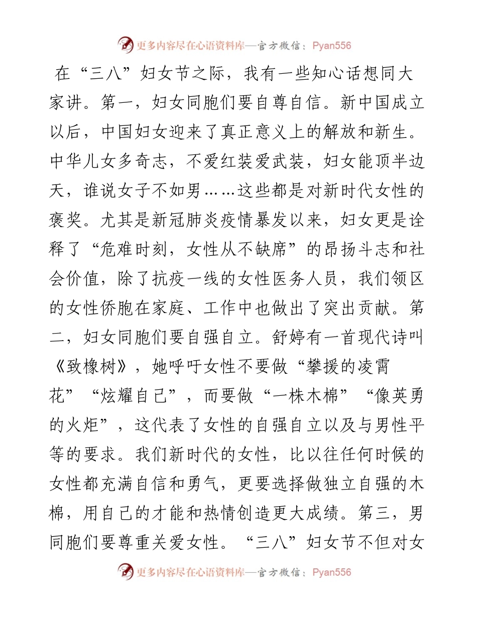 范文系列3392驻累西腓总领事严宇清：在庆祝“三八”国际劳动妇女节侨界线上座谈会上的致辞.docx_第2页