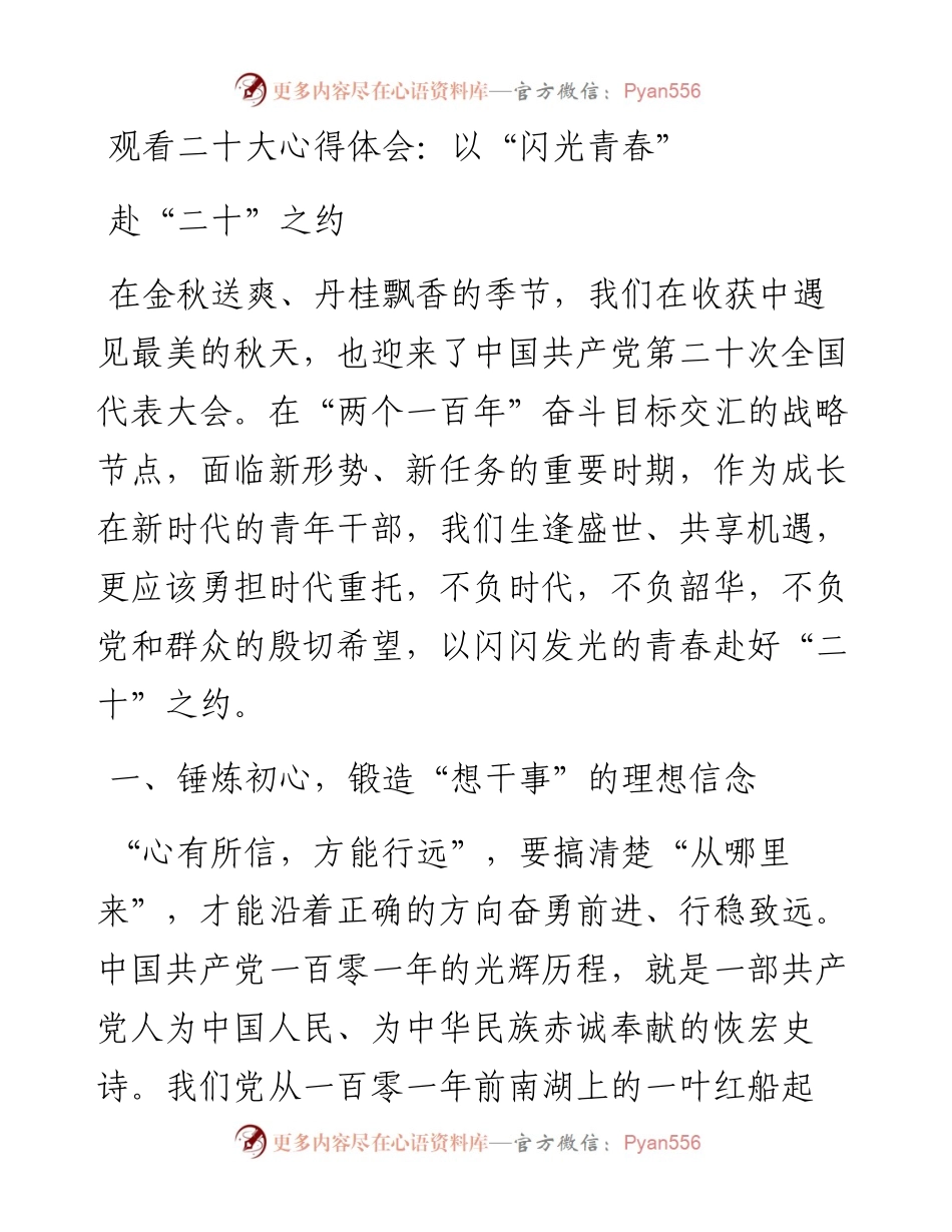 观看二十大心得体会：以“闪光青春”赴“二十”之约.docx_第1页