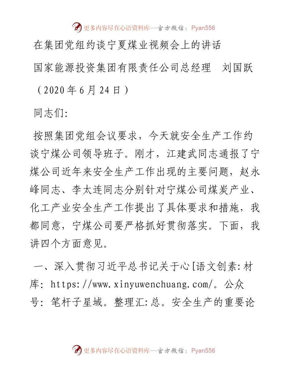 范文系列477国家能源投资集团有限责任公司总经理刘国跃：在集团党组约谈宁夏煤业视频会上的讲话.docx_第1页