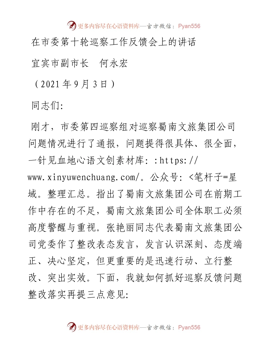 范文系列2136宜宾市副市长何永宏：在市委第十轮巡察工作反馈会上的讲话.docx_第1页
