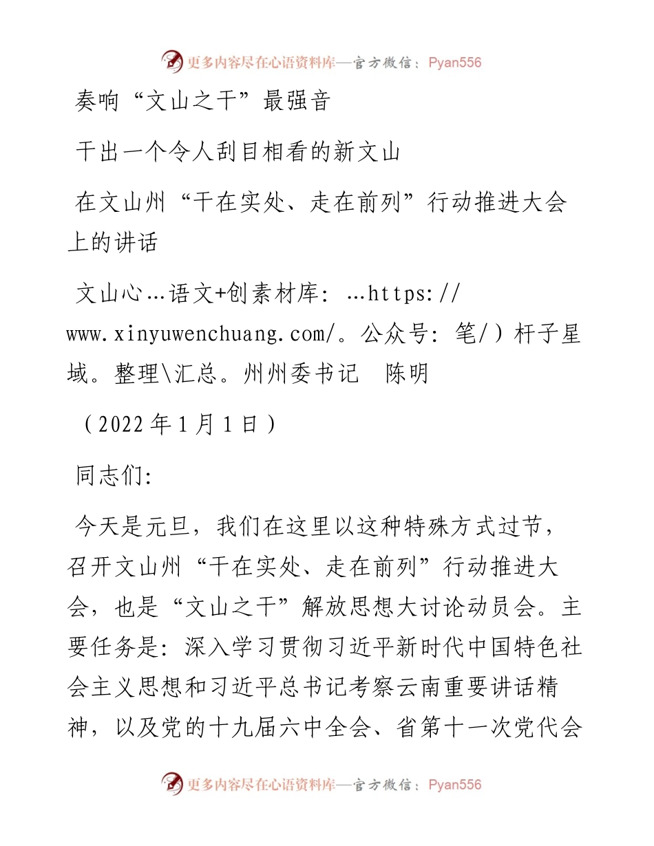 范文系列2901文山州州委书记陈明：在文山州“干在实处、走在前列”行动推进大会上的讲话.docx_第1页